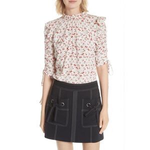 Veronica Beard Howell Floral-print Silk Ruffle‎ Top In White Blouse 4 $395